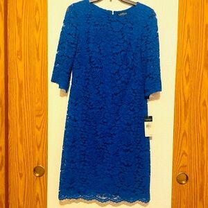 Ralph Lauren Blue Sheath Midi Dress with Bateau Neckline